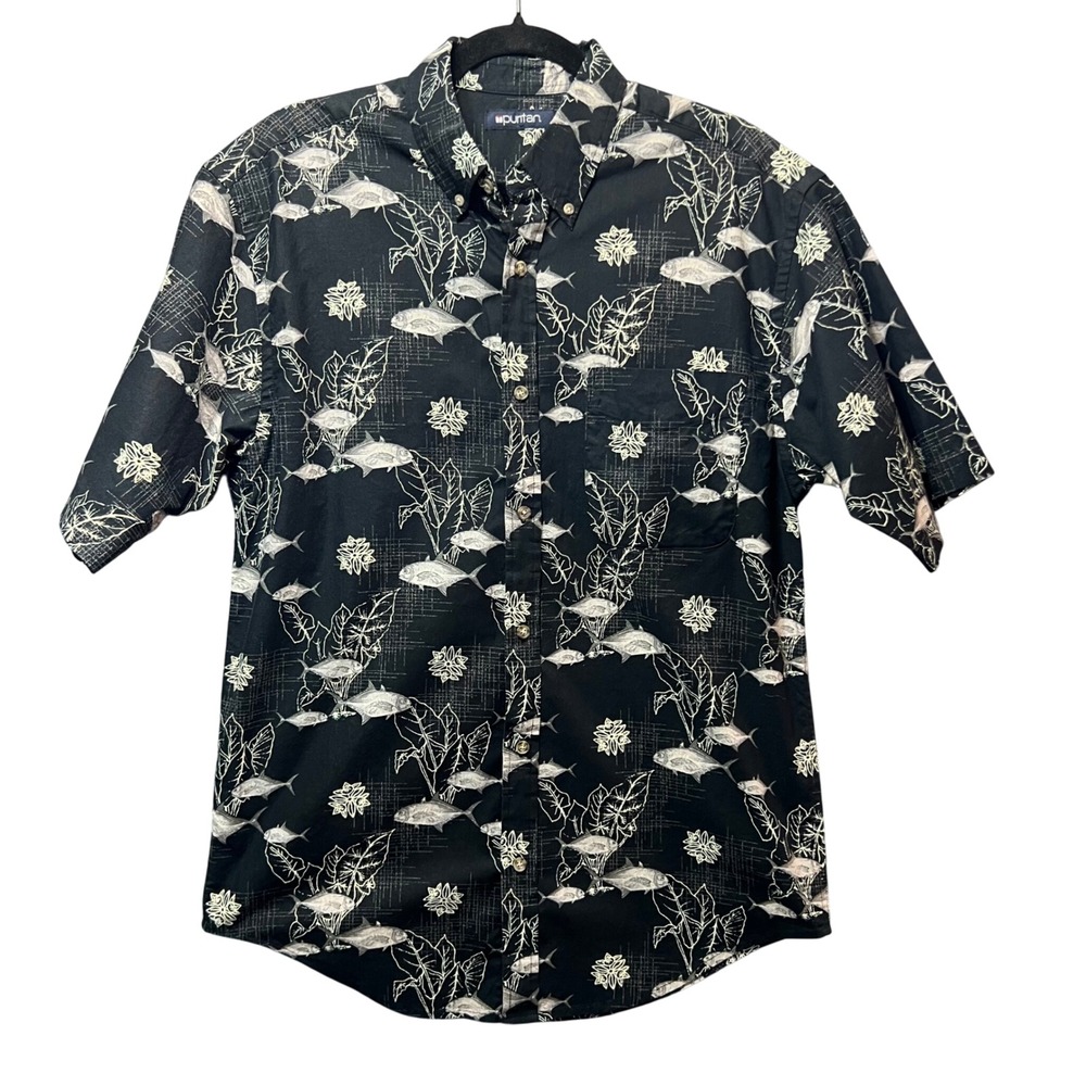Puritan Fish Print Hawaiian Shirt Black Beige Tropical Short Sleeve Button Up M